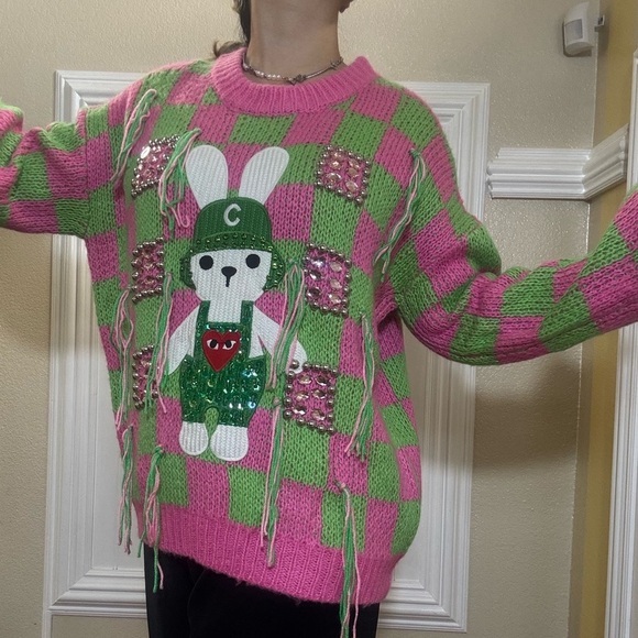 NWOT Pink and Green Checkered Sweater with Bunny Design - Picture 9 of 12